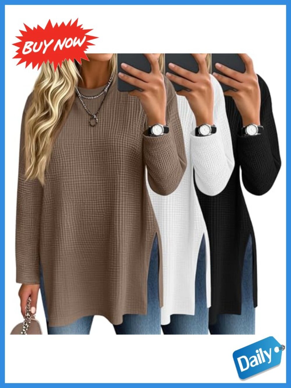 Waffle Knit Long Sleeve Oversized Tops 3 Pack Crew Neck Side Slit